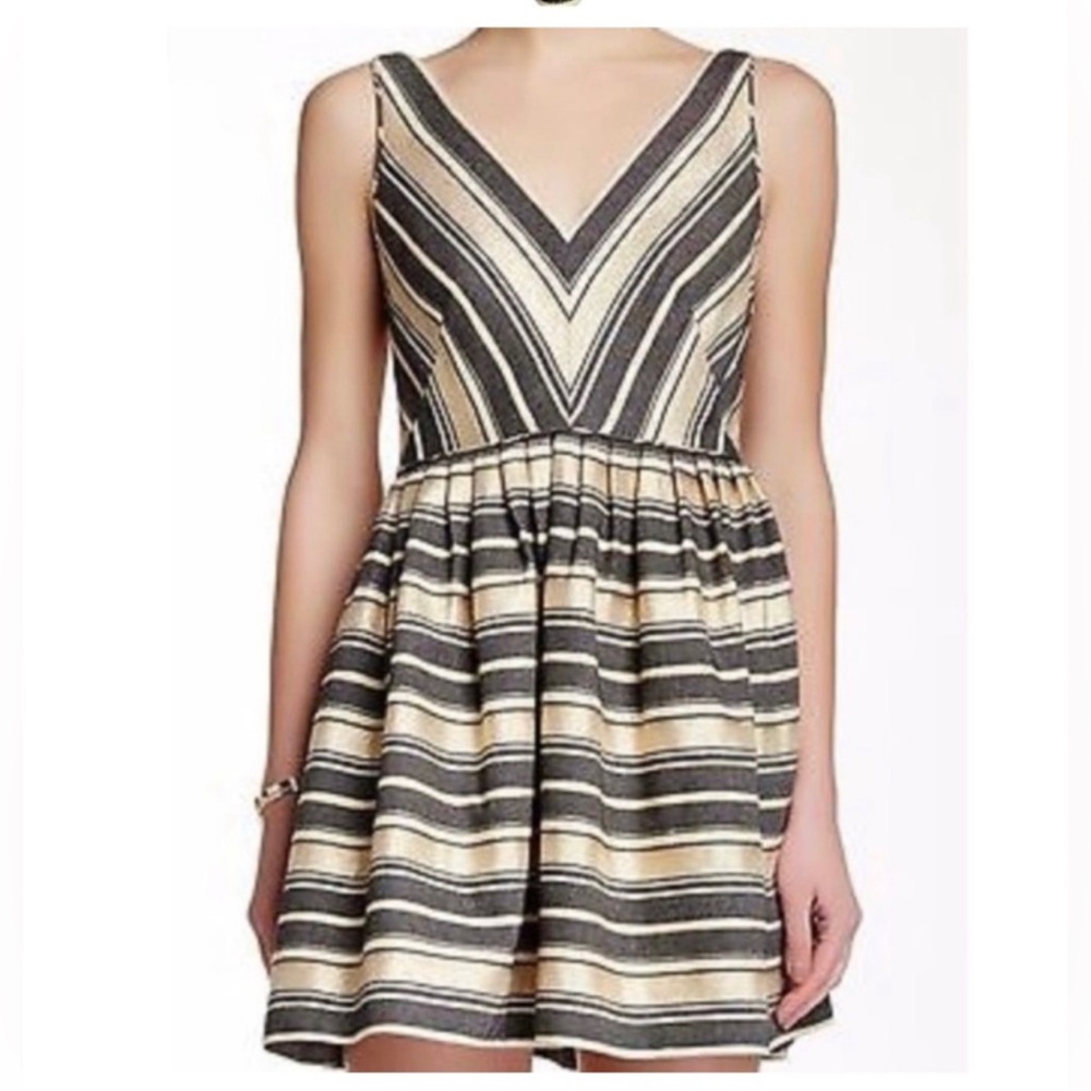 J. Crew Black & Gold Striped Candy Wrap Holiday Fit & Flare V-Neck Dress